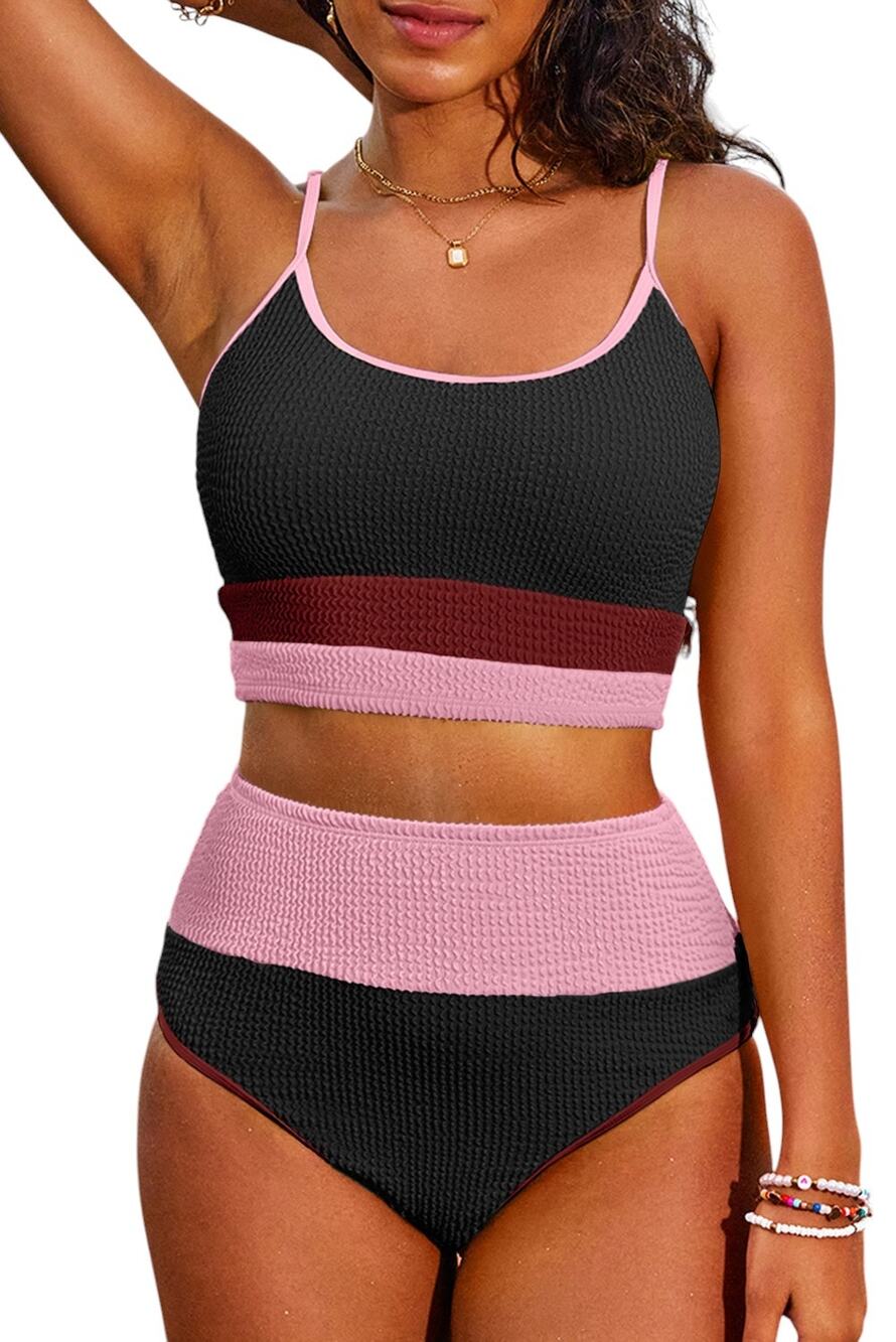 Black Burgundy Color Block High Waisted Bikini Set New Size Small